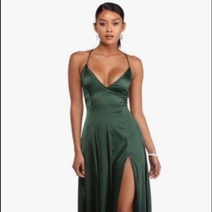 Brand new olive green silk prom dress !!